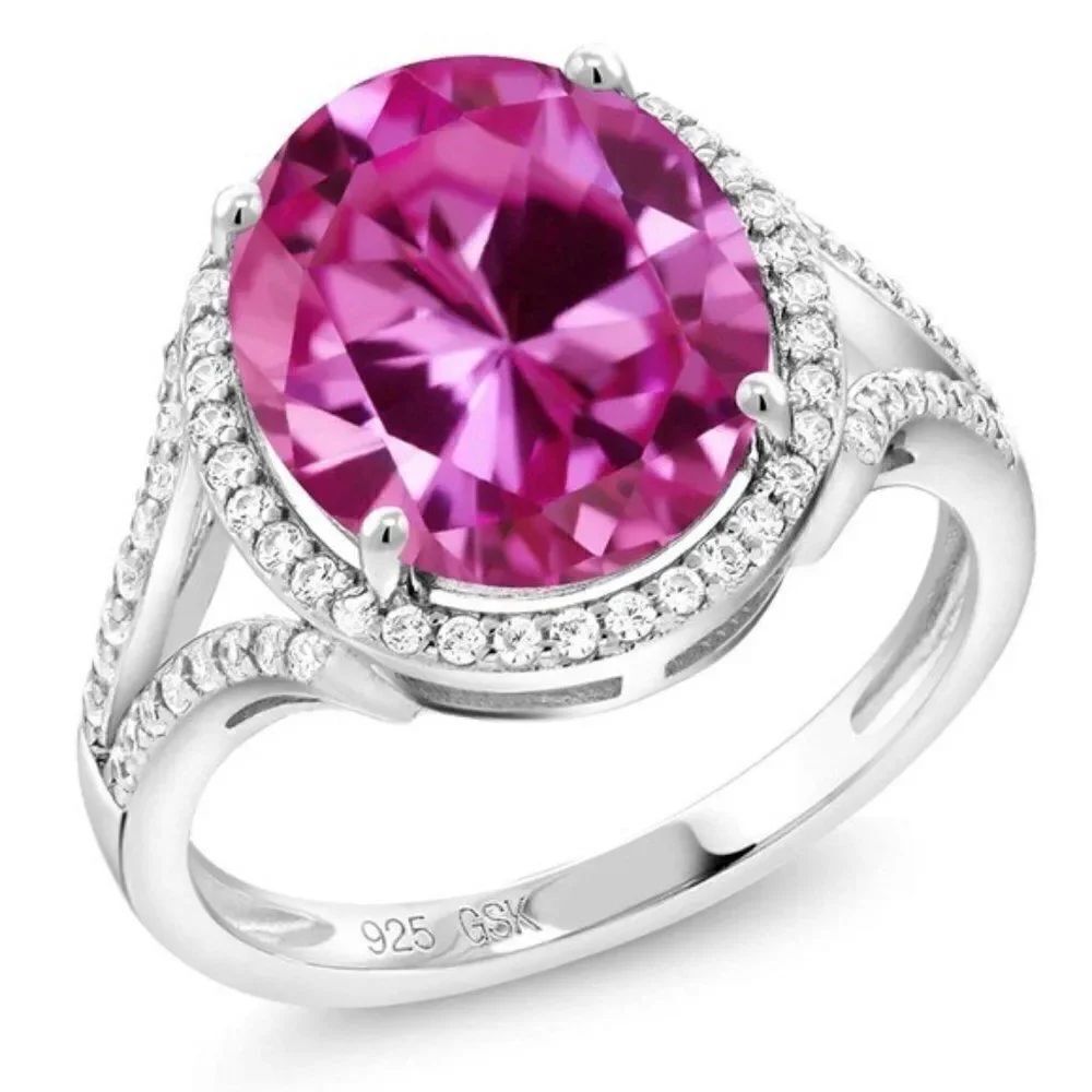 .925 Sterling Silver with Pink Sapphire and Diamond Cubic Zirconia Oval Ring